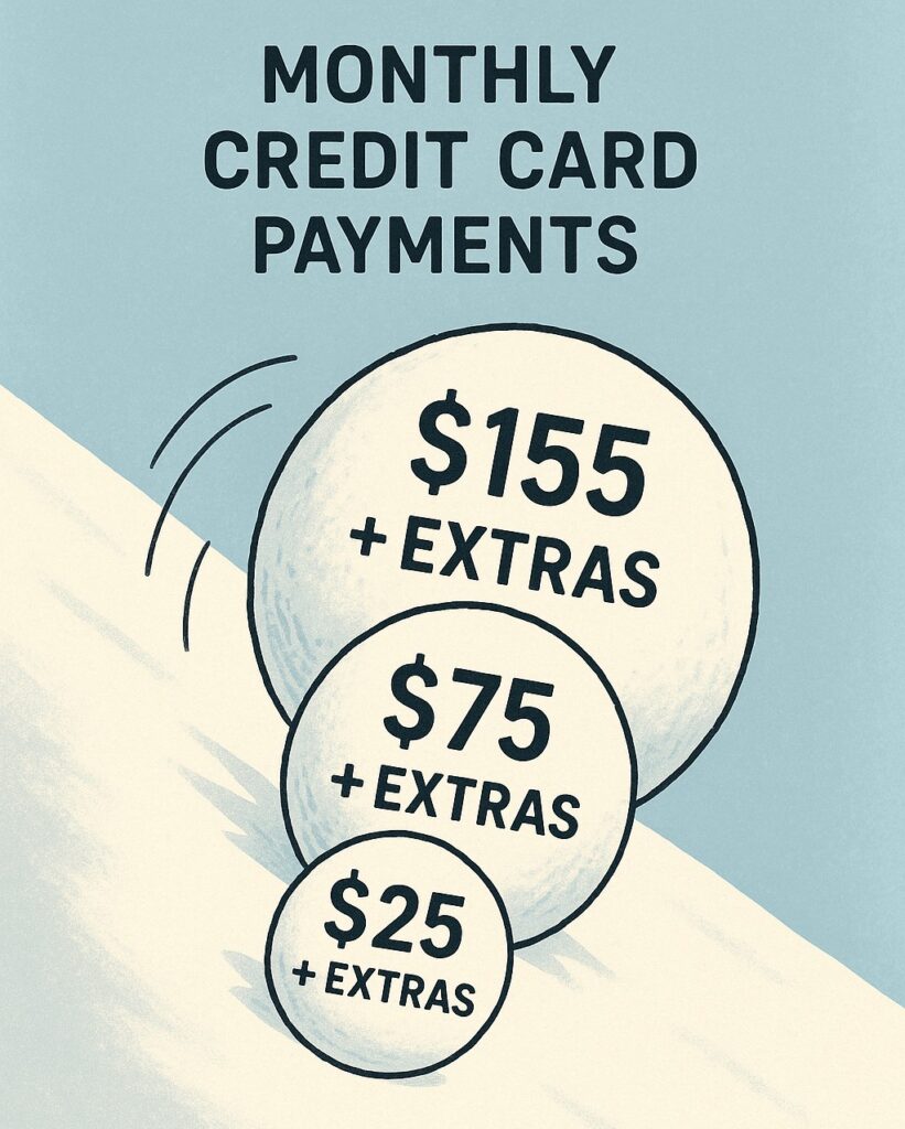 Image depicting monthly payments growing fpr credit card debt using the debt snowball method