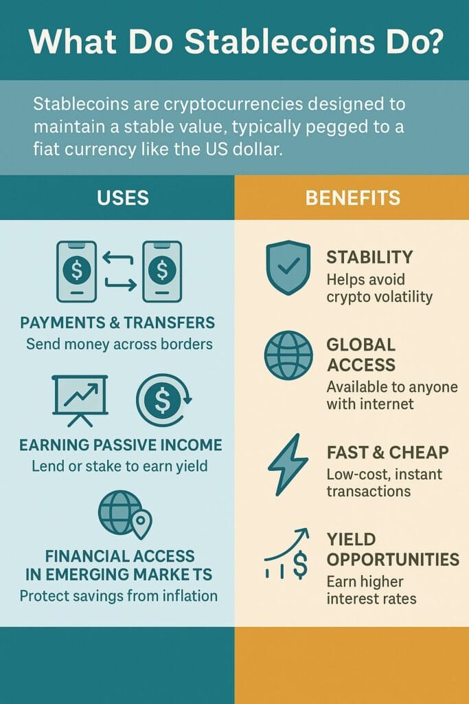 Infographic describing the benefits of stablecoins and their uses