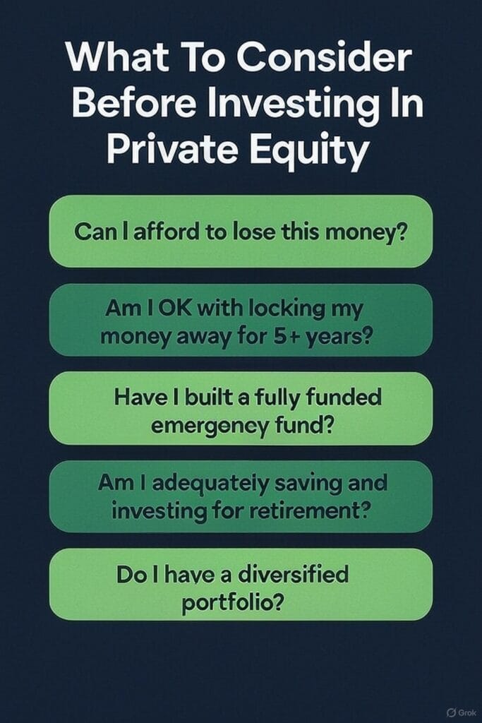 Infographic listing the things to consider before investing in private equity