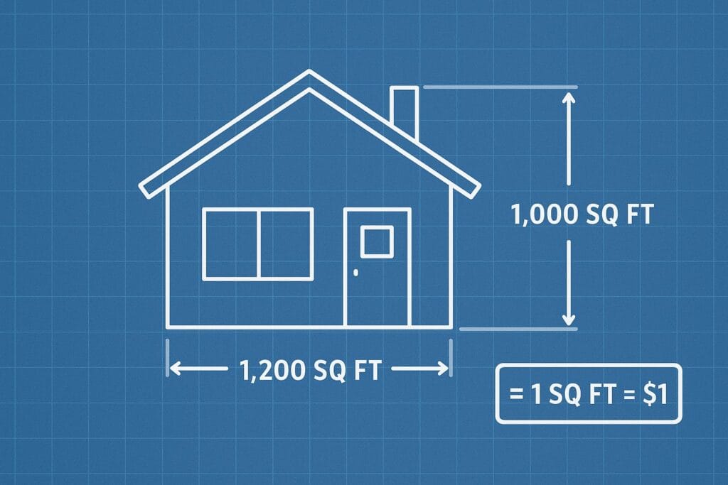 Image of house showing the square footage and a legend of 1 square foot equaling $1