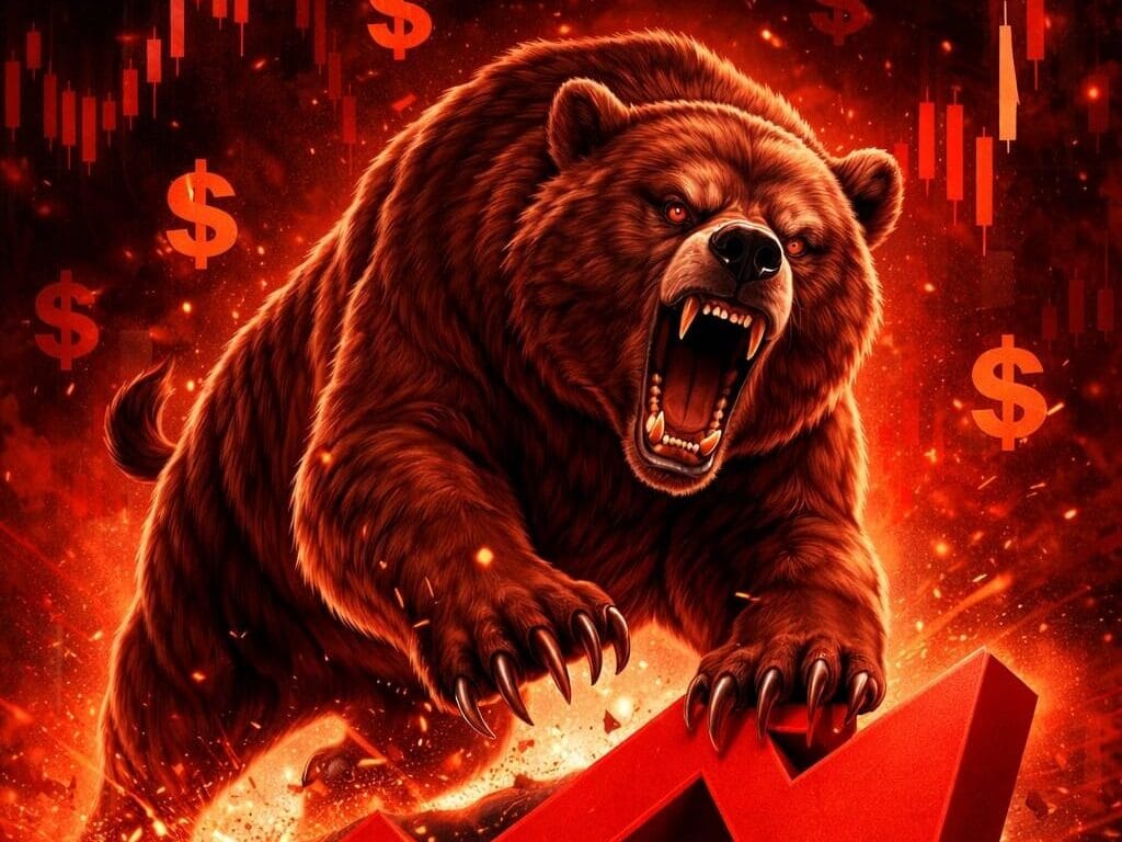 Bear market illustration showing a snarling bear on a downward red arrow with falling stock charts, representing 2025 stock market losers.