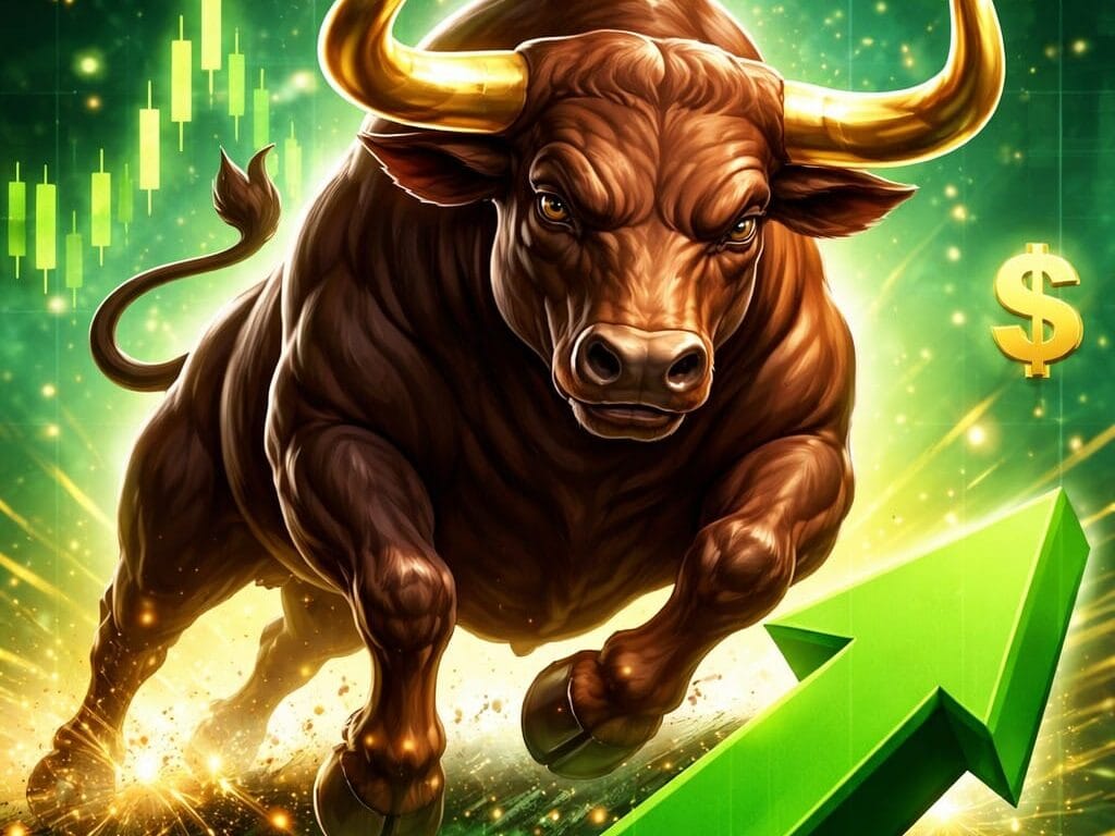Bull market illustration representing 2025 stock market winners, with a charging bull and rising green arrow above stock charts.
