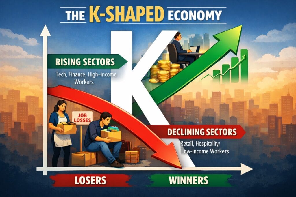 K-shaped economy infographic showing rising sectors and declining sectors with a clear K-shaped divide between winners and losers.