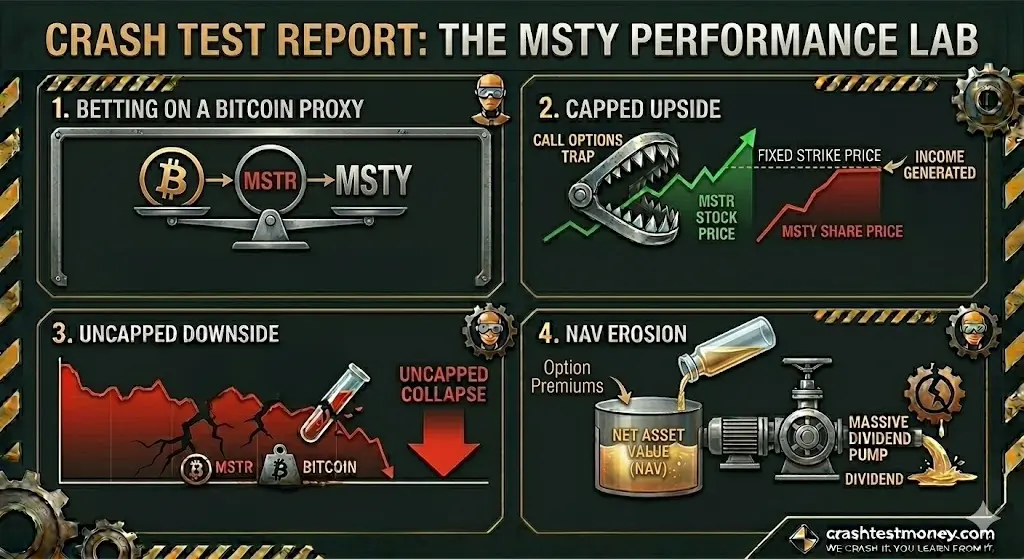 An industrial-themed infographic titled "The MSTY Performance Lab" detailing four key investment risks: Bitcoin proxy exposure, capped upside from call options, uncapped downside during Bitcoin and MSTR crashes, and NAV erosion from high dividend payouts.