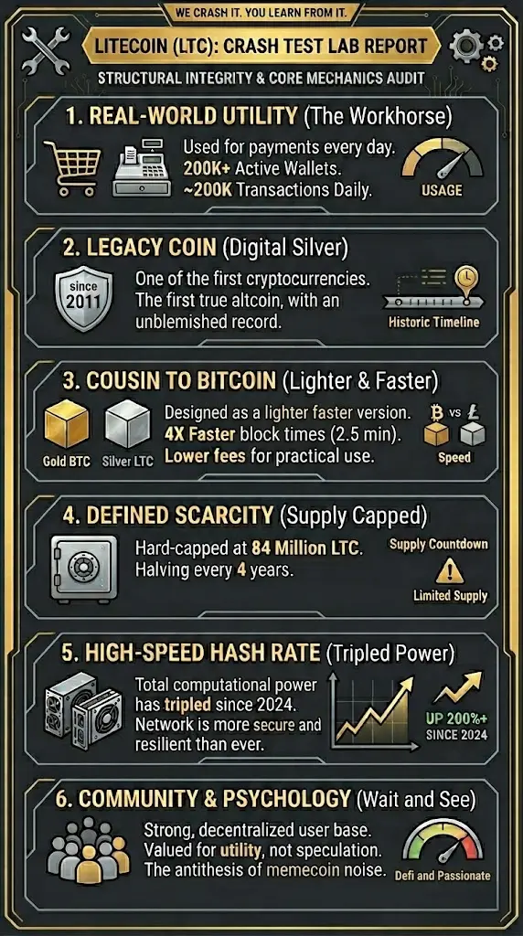 Vertical infographic titled Litecoin LTC Crash Test Lab Report detailing real-world utility with 200k active wallets, legacy coin status since 2011, comparison as a faster cousin to Bitcoin with 4x faster block times, defined scarcity capped at 84 million, a tripled high-speed network hash rate since 2024, and a passionate utility-focused community