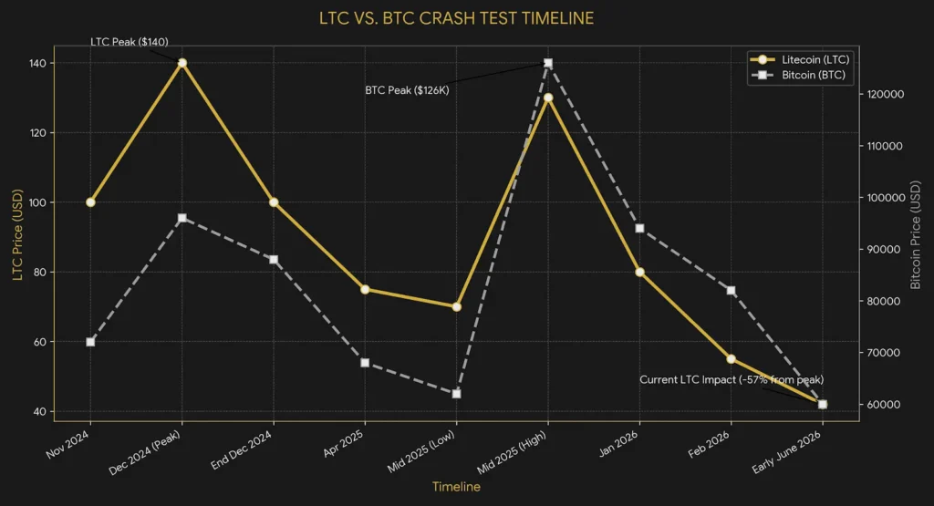 A dual-axis line chart tracking the price action timeline of Litecoin LTC and Bitcoin BTC from November 2024 to early June 2026. The primary axis shows Litecoin peaking at 140 dollars in December 2024 before hitting a current impact low of 42 dollars, representing a 57 percent drop from its peak. The secondary axis maps Bitcoin peaking at 126,000 dollars in late 2025 before crashing down to 60,000 dollars in June 2026.